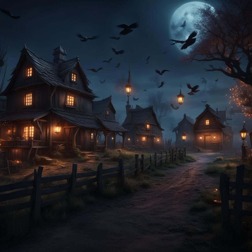 Haunted Farm Village at Night: Matte Painting