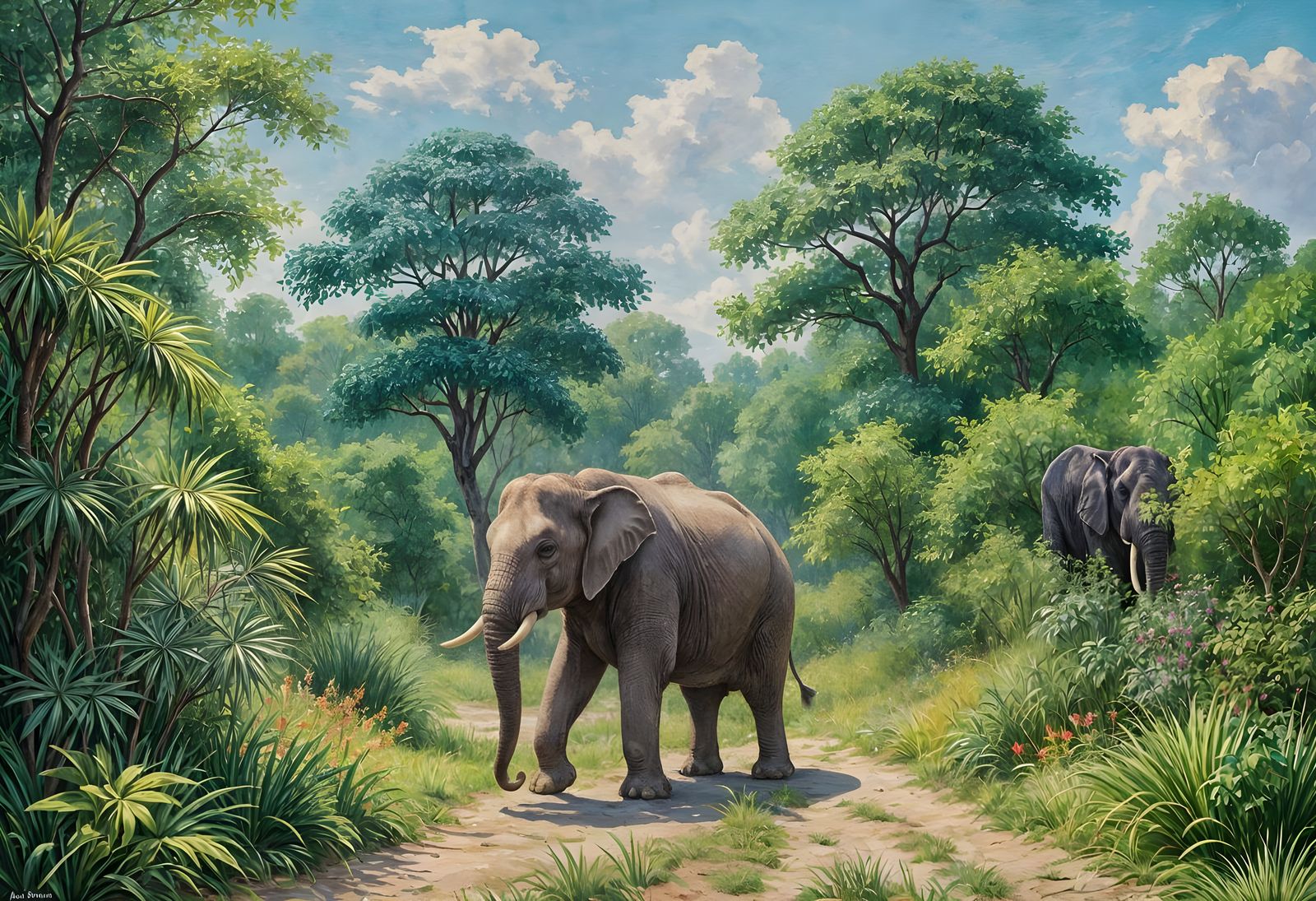 Epic Asian Elephant Masterpiece in Gouache Impressionist Sty...