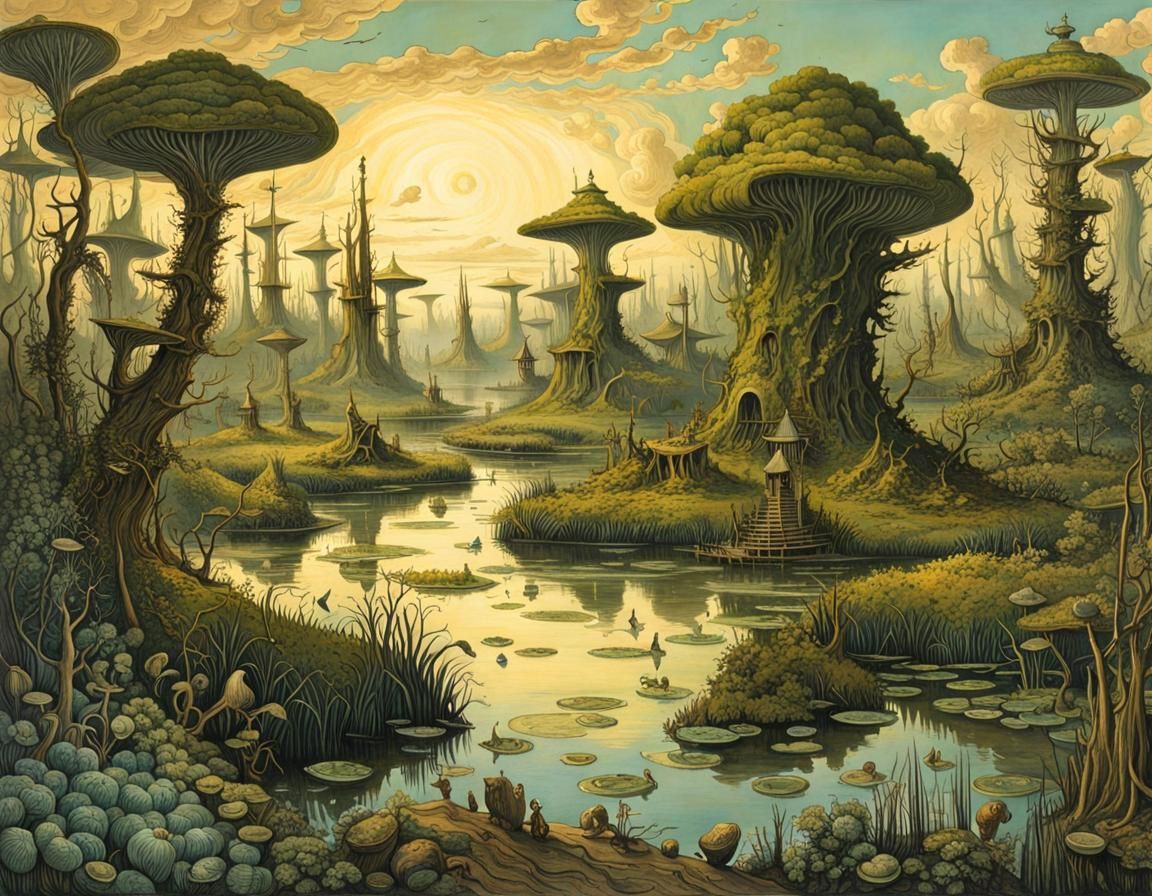 Biopunk Swamp Fantasy Swirlscape as Ink Art