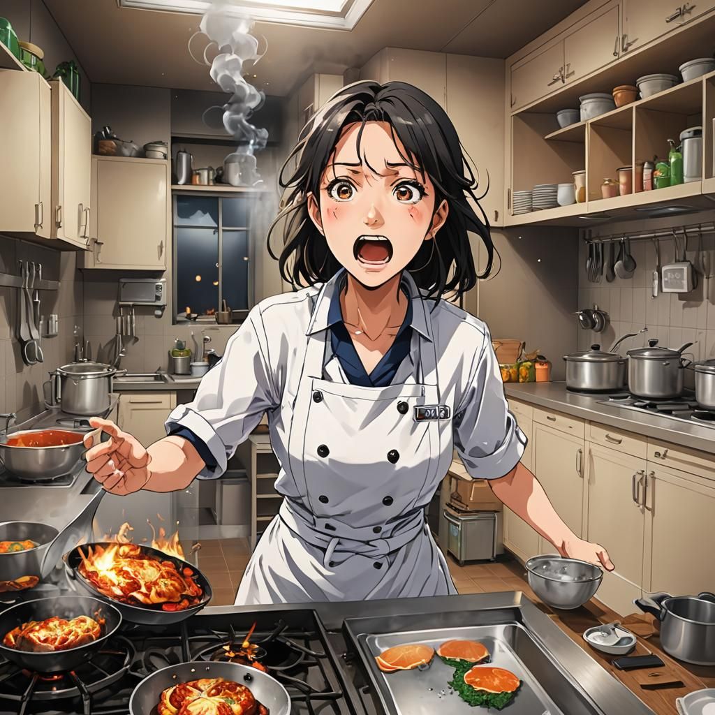 Panicked Woman in Kitchen, Anime Style