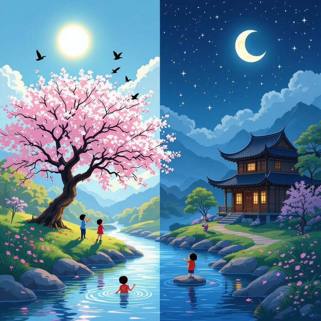 Day and Night Harmony with Cherry Blossoms, Miyazaki Style
