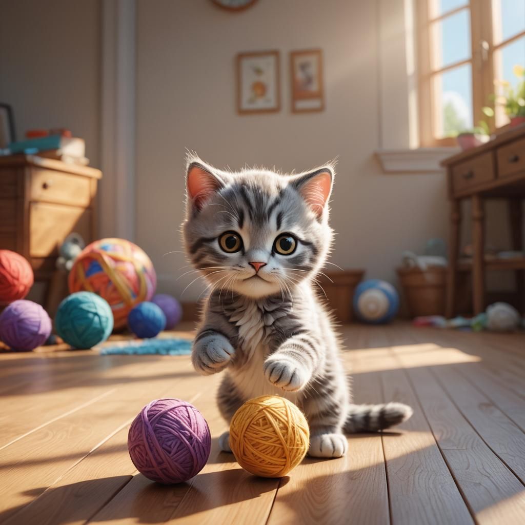 Cute Kitten Plays with Wool: 3D Digital Art