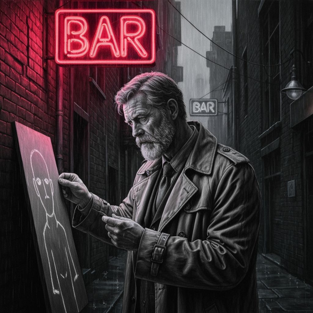Detective in Rain-Soaked Alleyway: Hyperrealistic Charcoal A...