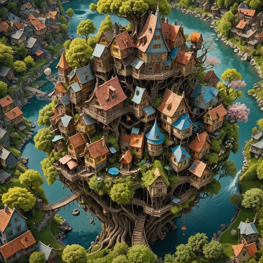 Whimsical Treehouse Village in Spring: Hyperdetailed 3D Art