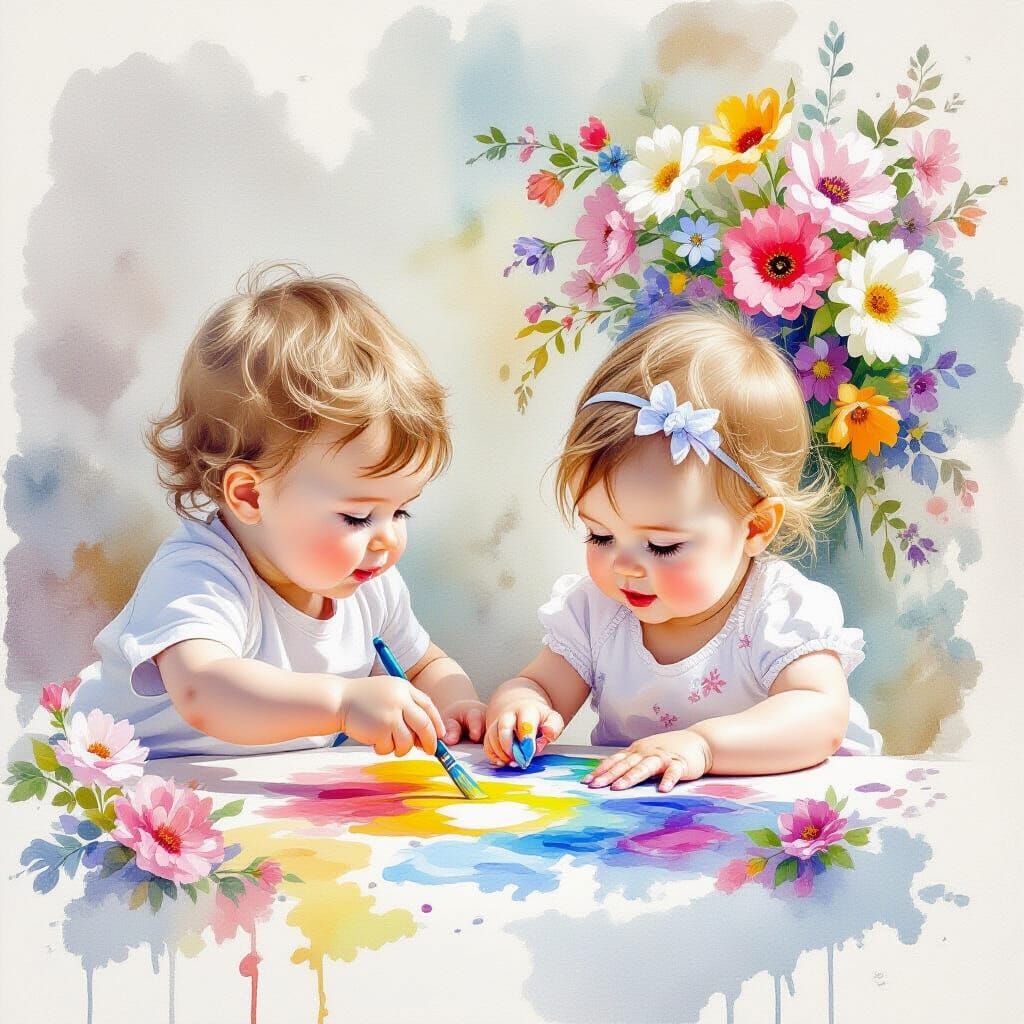 Ethereal Watercolour of Siblings Finger Painting