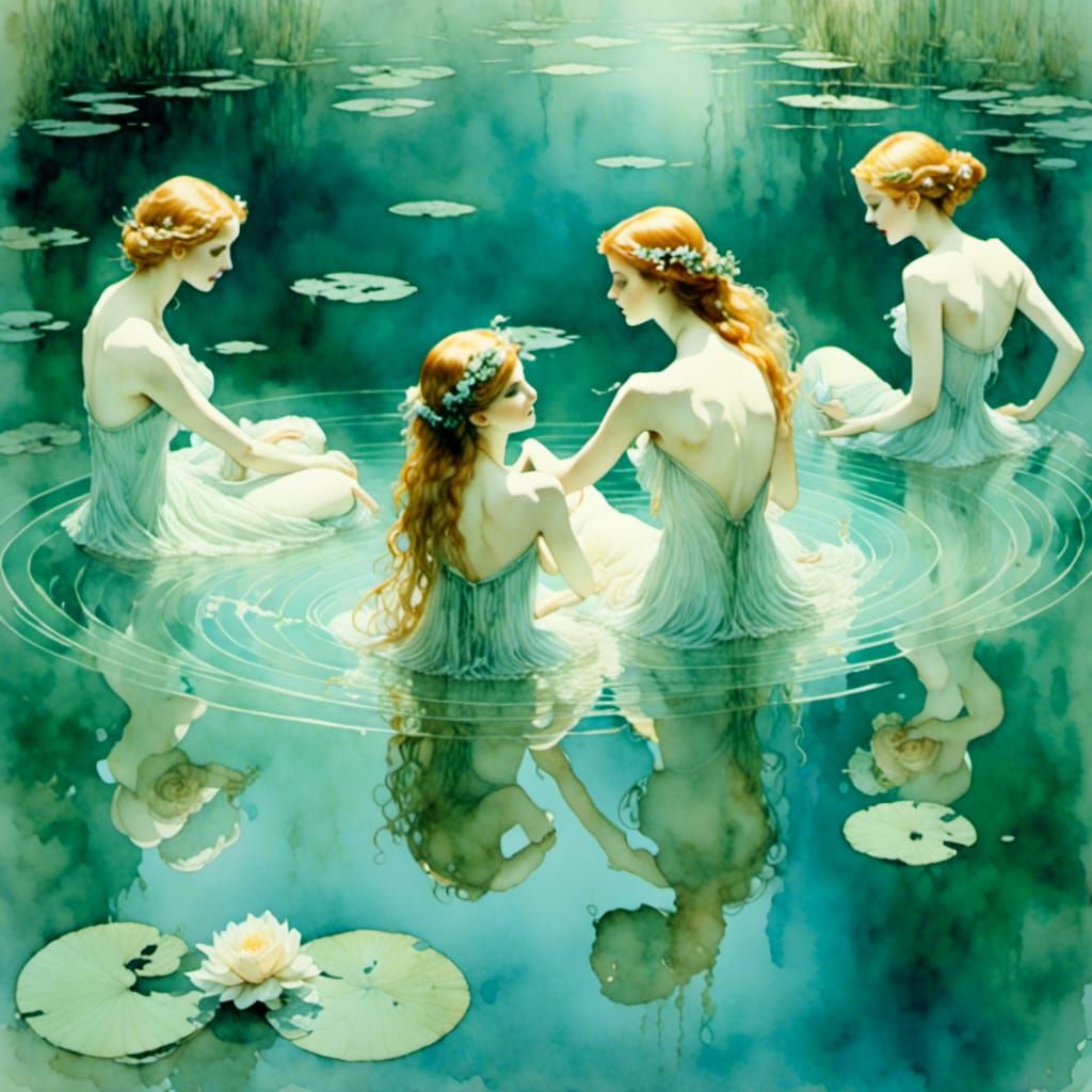 Ethereal Water Nymphs in Vintage Watercolor Style