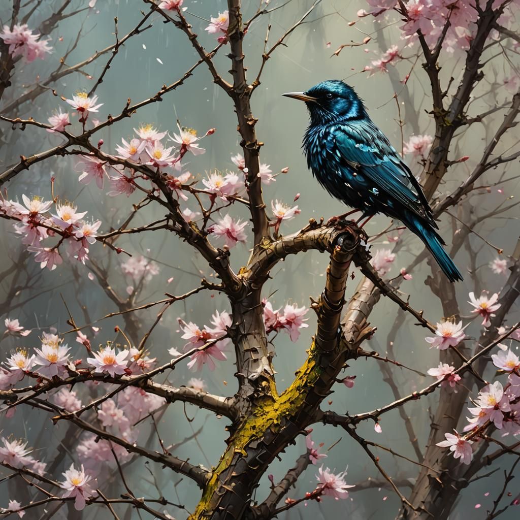 Starling on Sakura Tree: Fine Art Matte Painting