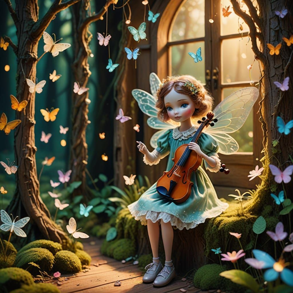 Whimsical Marionette in Enchanted Forest with Dancing Fairie...