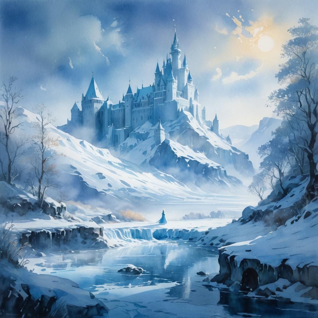 Snow Queen at Frozen Castle: Watercolor Icelandic Scene