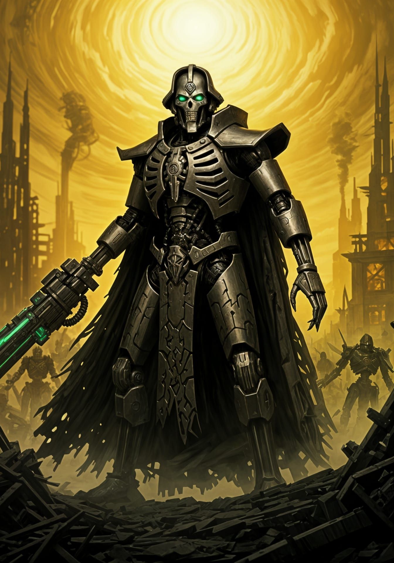 Necron Overlord Commands His Army in Gloomy Warhammer 40k Sc...