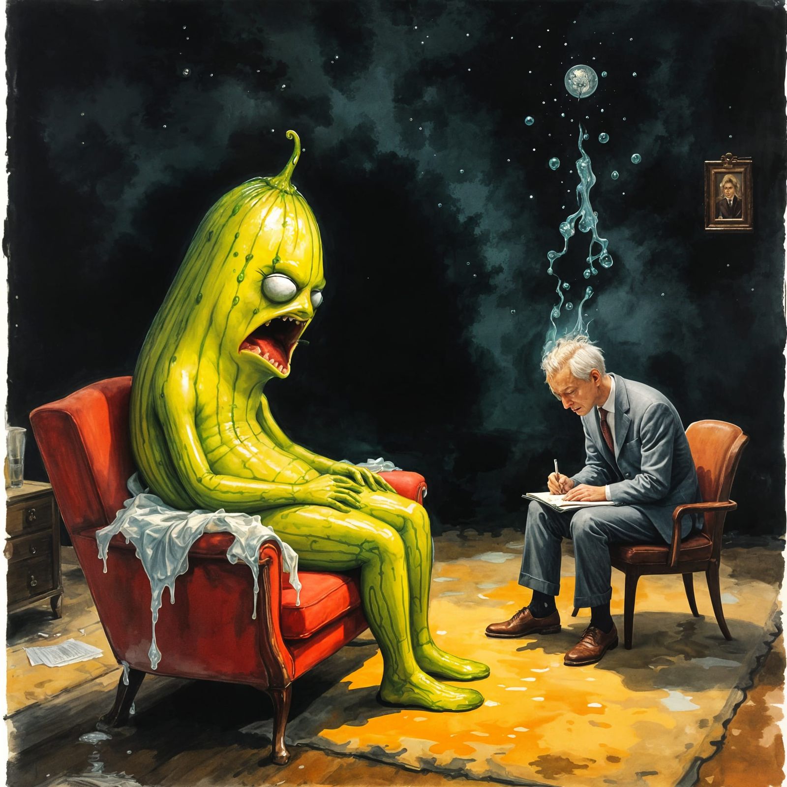 Anxious Cucumbers in Psychologist Office, Surreal Watercolor