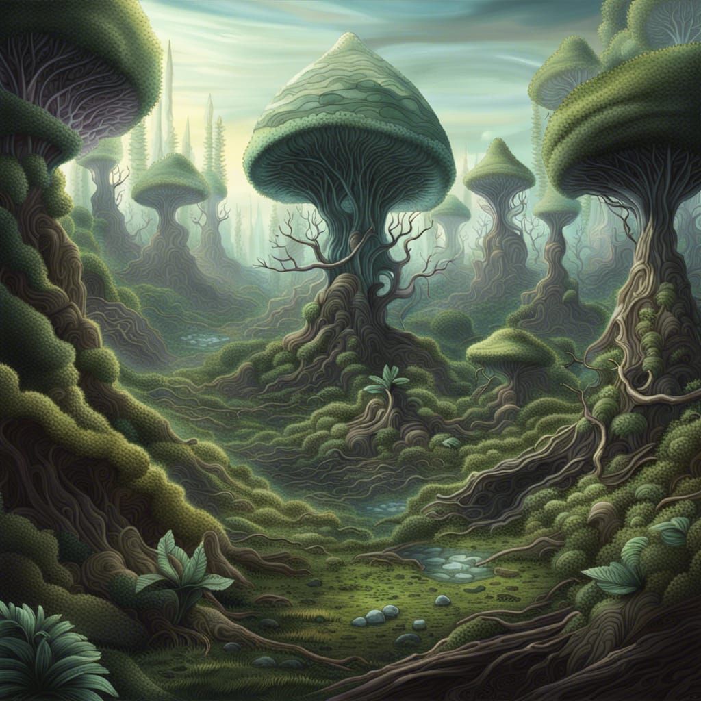 Surreal Alien Forest Under Terrarium Sky