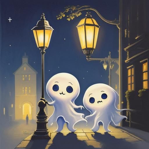Cute Ghosts Clinging to Lamppost Gouache Painting