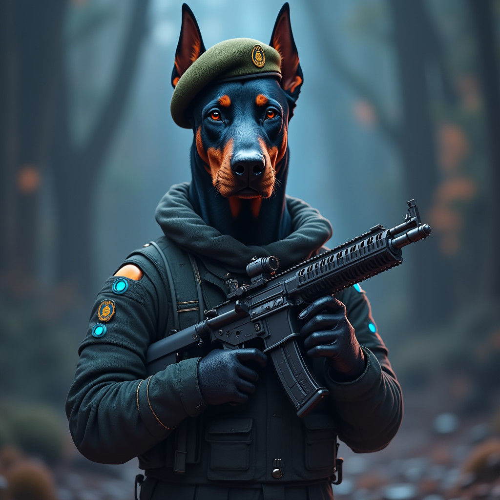 Confident Doberman Warrior in Futuristic Attire
