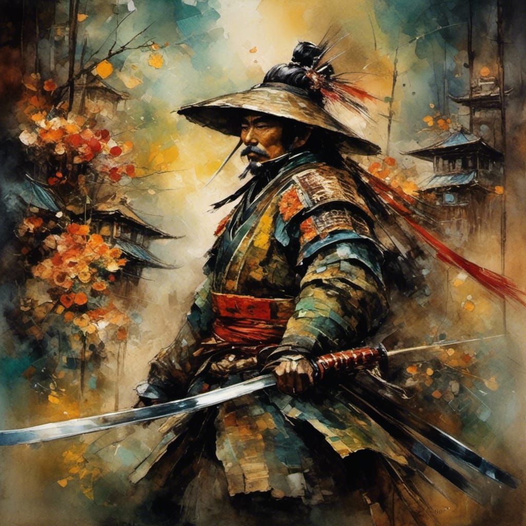 Japanese Samurai in Water-Ink Style