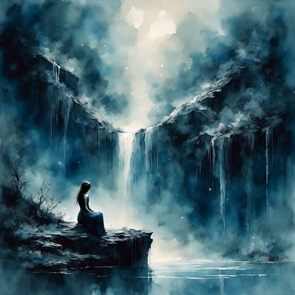 Lonely Girl by Waterfall: Watercolor Painting of Sadness
