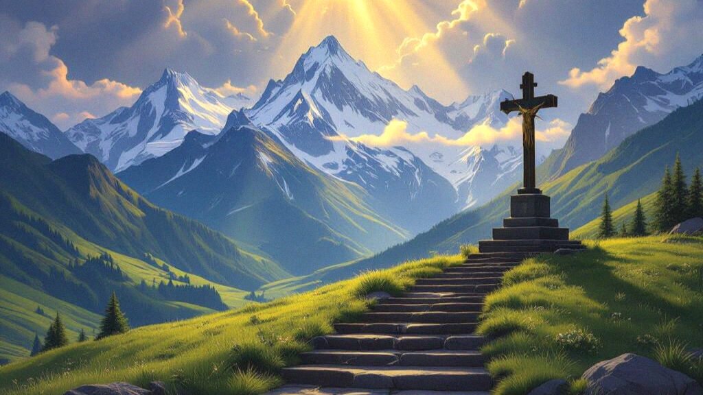 Majestic Mountain Landscape with Crucifix and Sunbeams