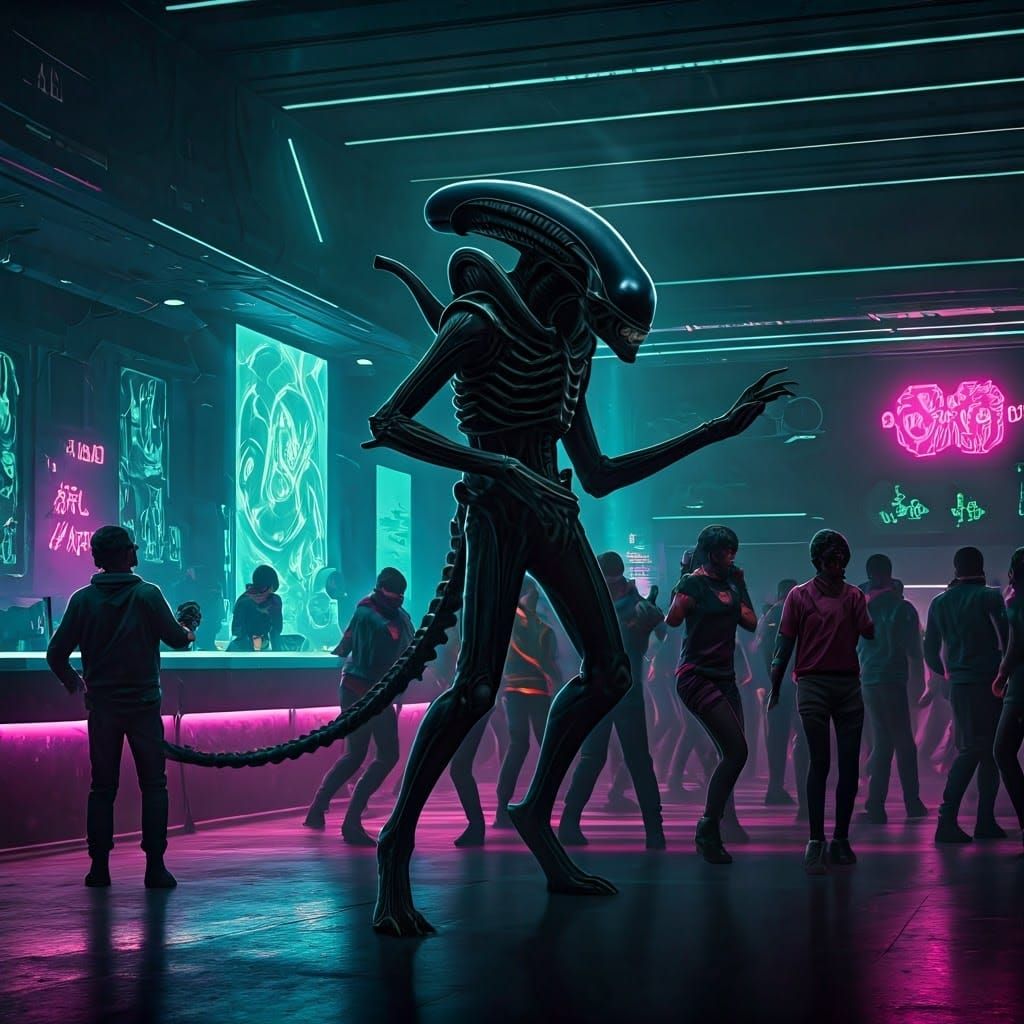 Alien Dancing in Dystopian Techno Club, Cyberpunk Style