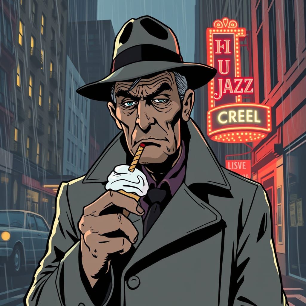 Noir Detective in Rain-Slicked Chicago, Comic Book Style