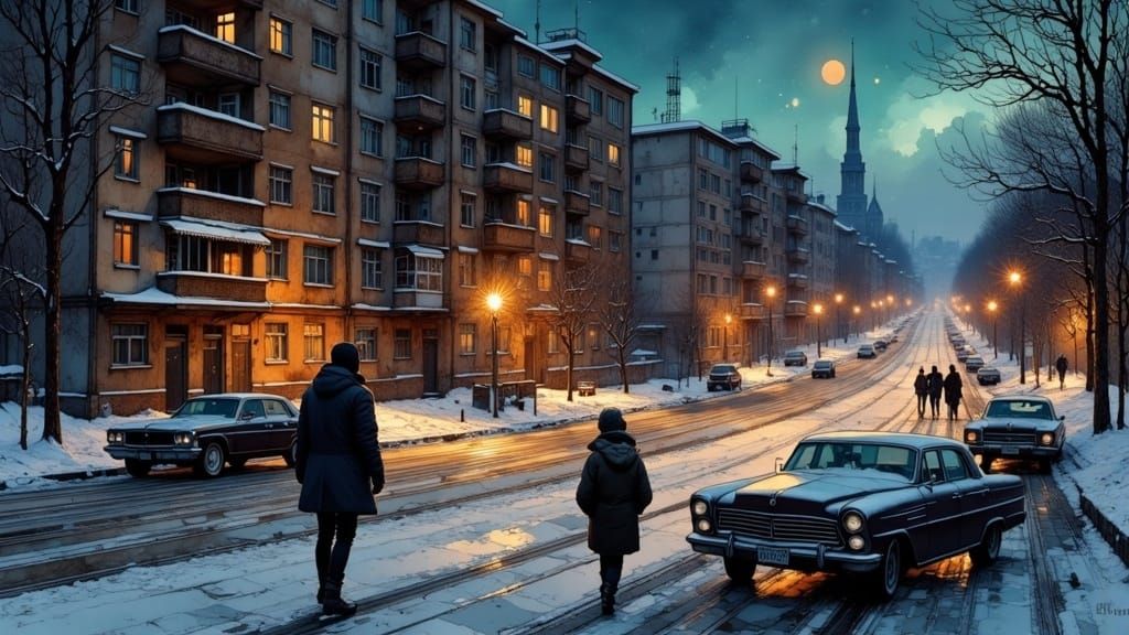 Soviet Winter Night Cityscape with Dynamic Lighting