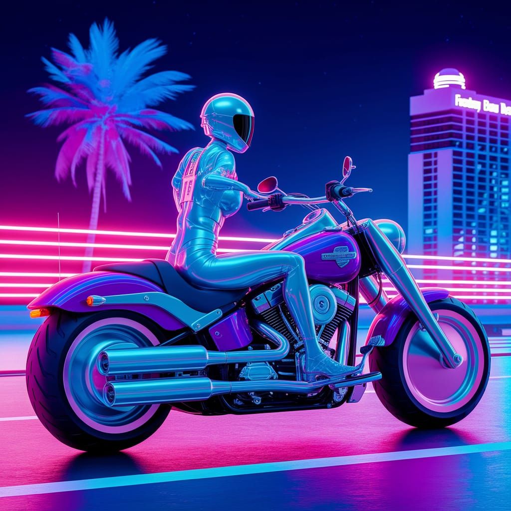 Neon Cyberpunk Woman on Harley Davidson