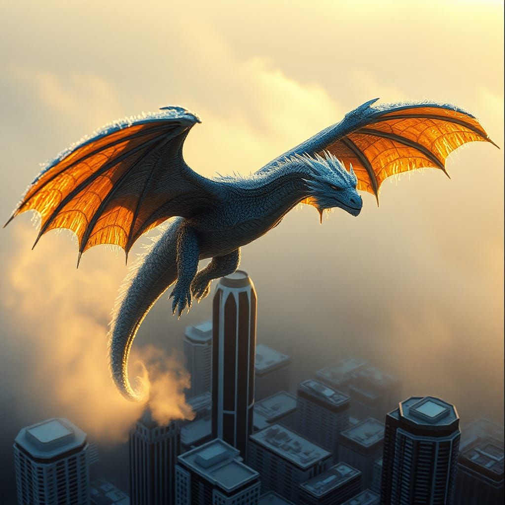 Icy Dragon Soars Over Frozen Cityscape