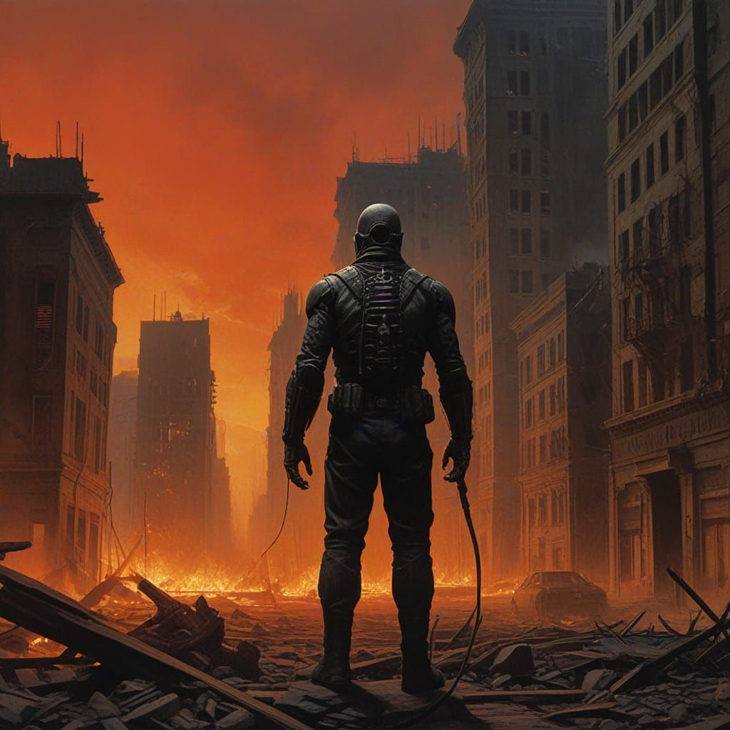 Burning Metropolis in Dystopian Ruins