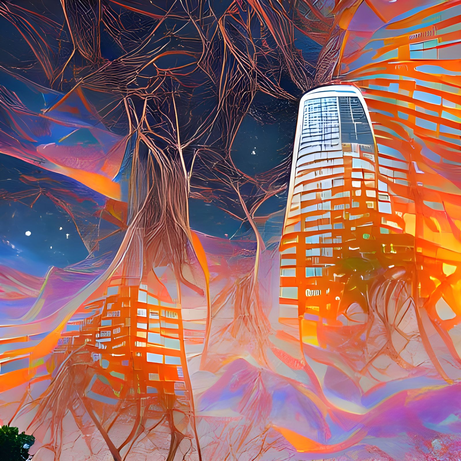 Skyscrapers Reclaimed: Astral Illustration in Orange Sunset