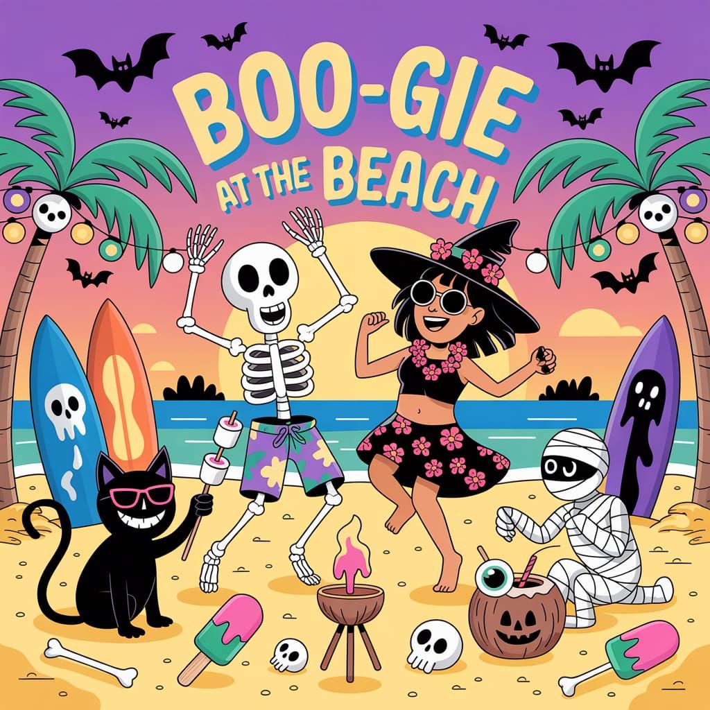 Summerween Beach Party at Sunset: Whimsical Illustration