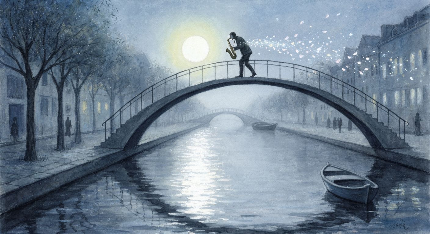 Dreamlike Canal Scene with Saxophone Player