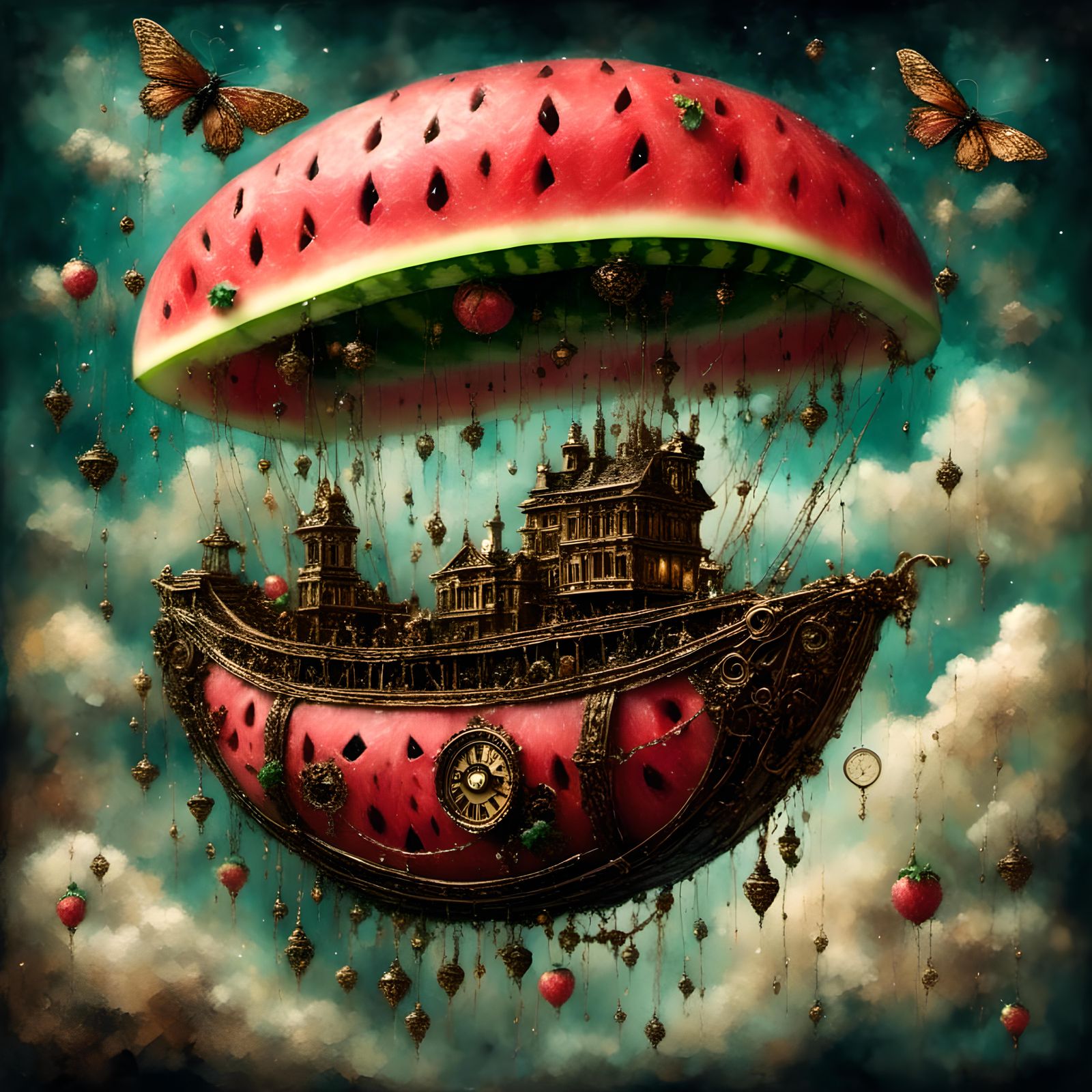 Steampunk Watermelon Gondola Sinking into Clouds
