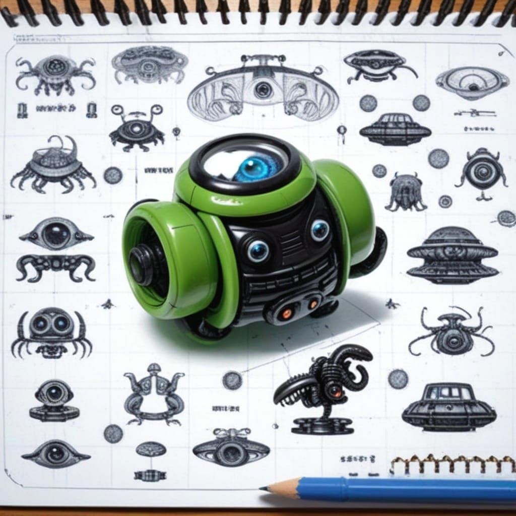 Hyperrealist Image of Cute Plastic Toys on Blueprint