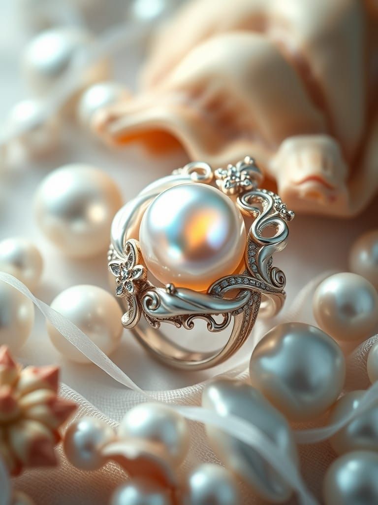 Hyper-Realistic Pearl Ring in Luminous Shell Setting