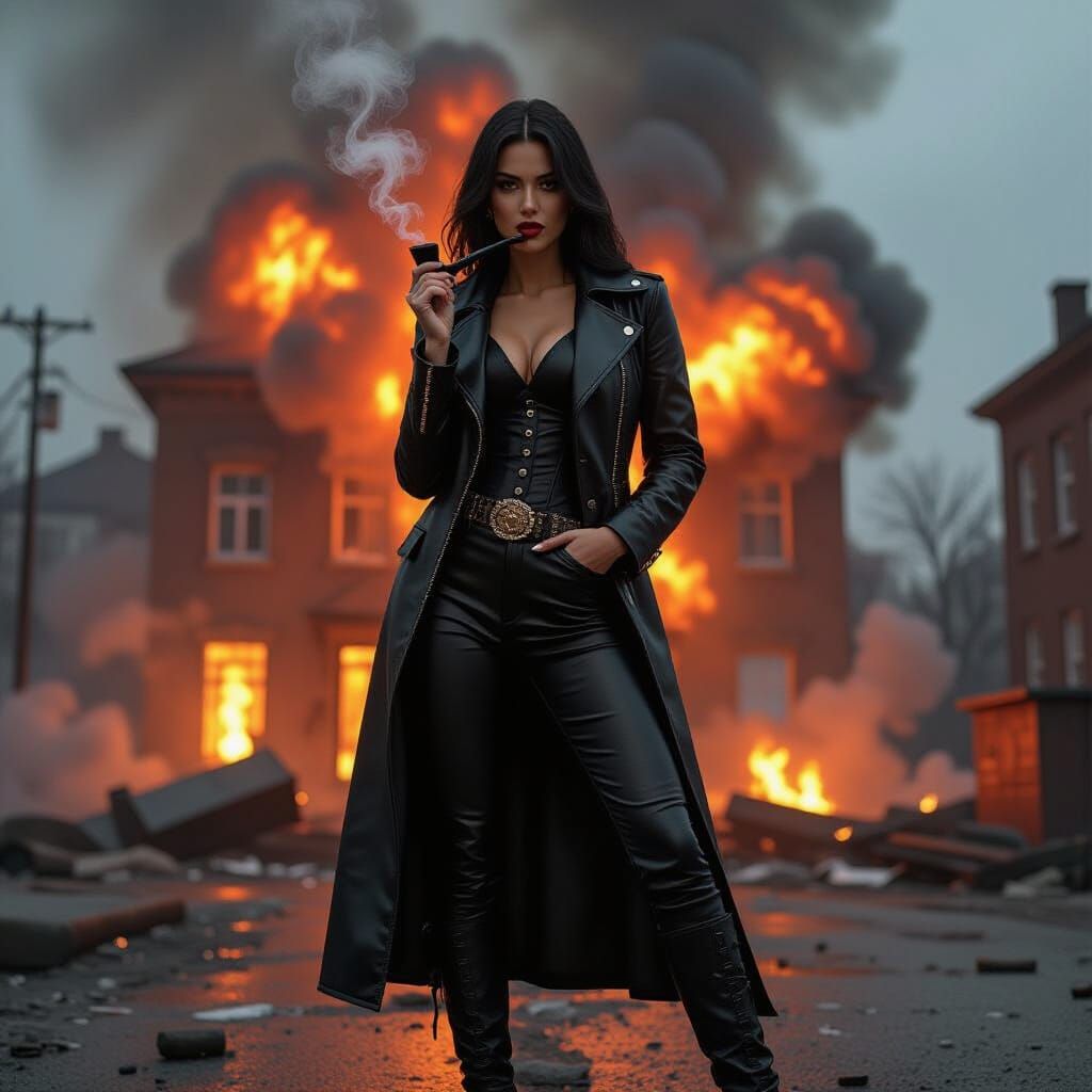 Mafia Boss Girl in Front of Exploding Building