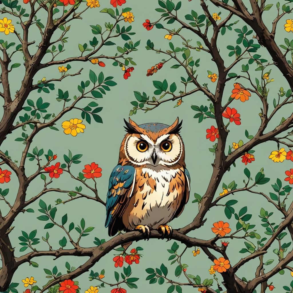 Colorful Ghibli Owl on Branch