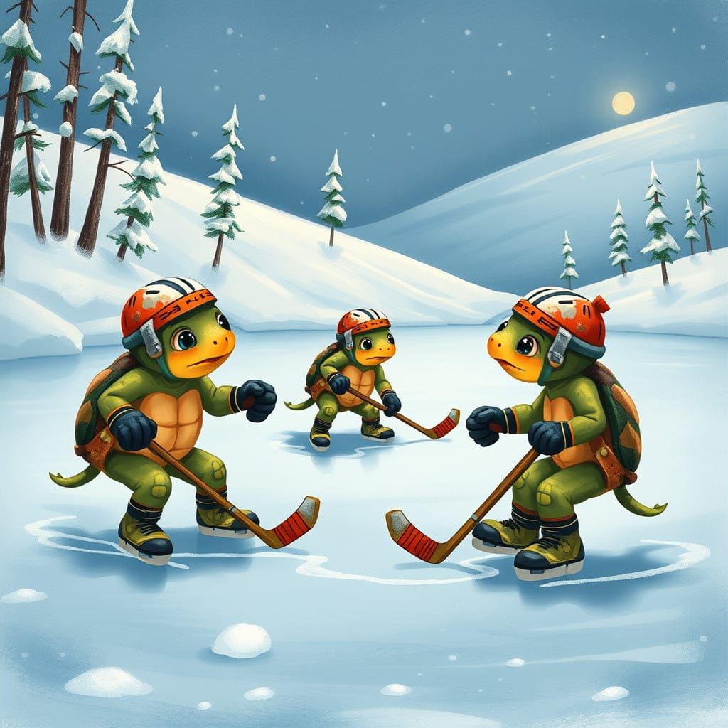 Turtles in Whimsical Ice Hockey Adventure