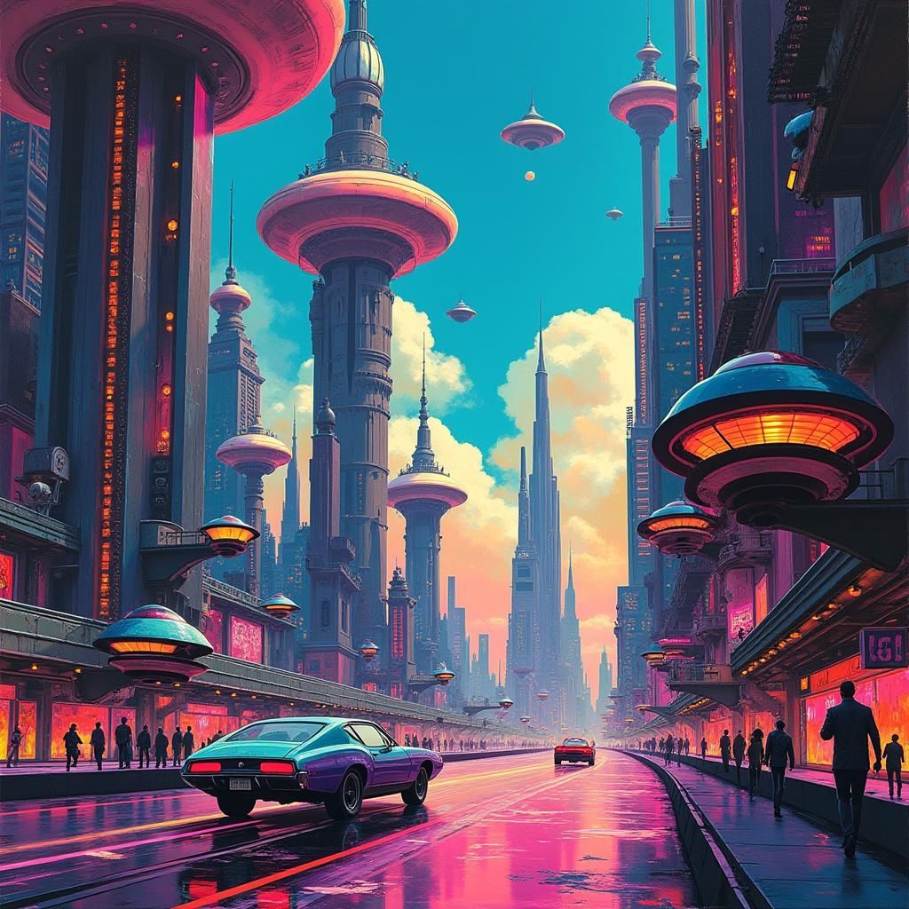 Jetsons-Inspired Futuristic Cityscape with Flying Cars