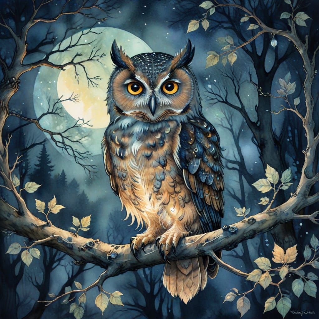 Whimsical Watercolor Owl in Moonlit Forest