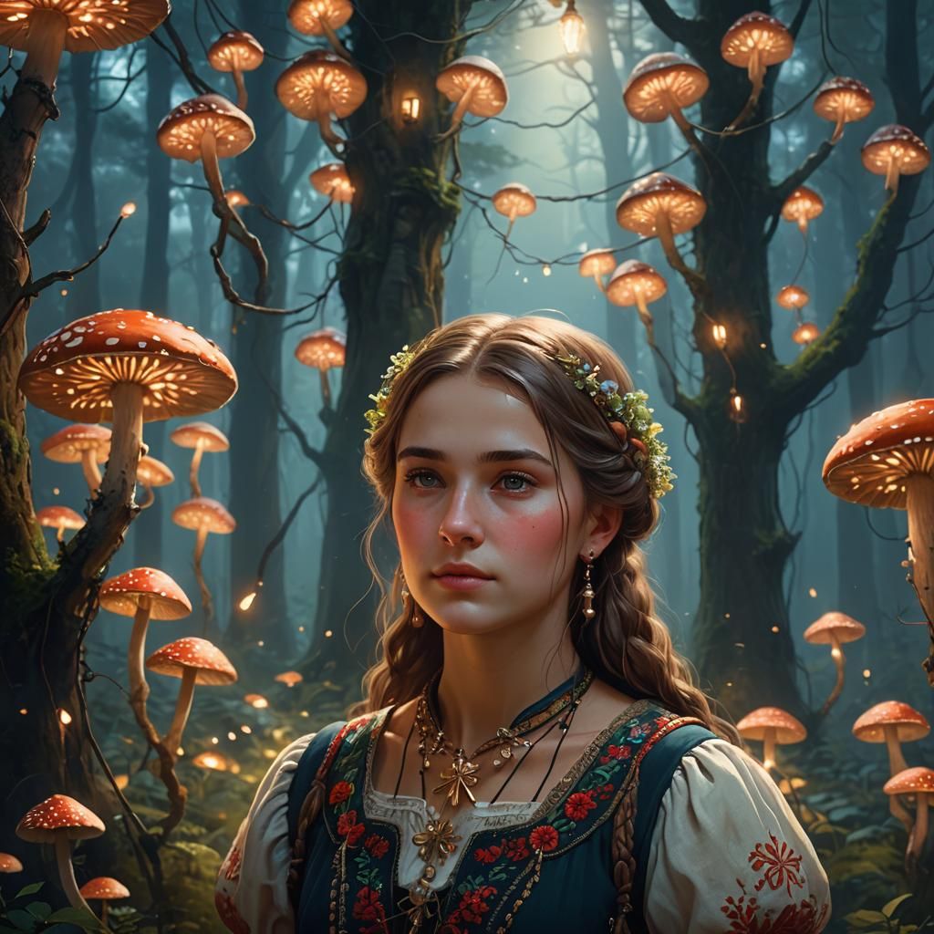 Hungarian Girl in Mystical Forest, Art Nouveau Style
