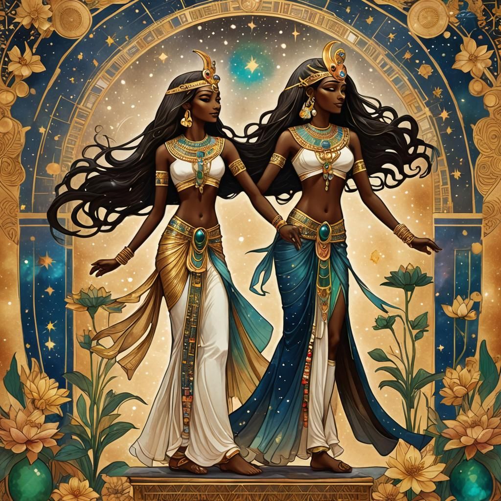 Egyptian Goddesses Dancing in Art Nouveau Style
