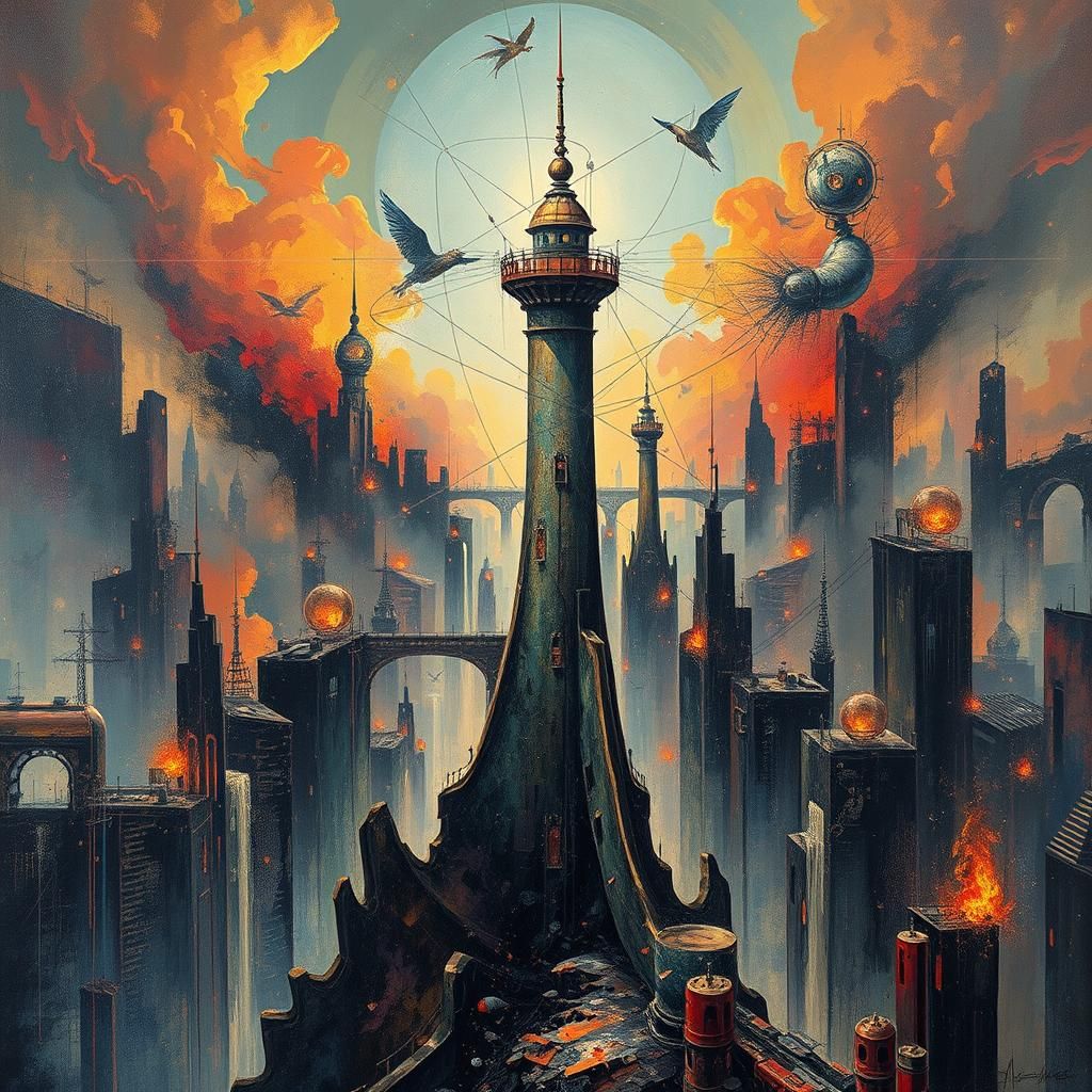 Cyberpunk Lighthouse in Dystopian Metropolis, Art Deco Surre...