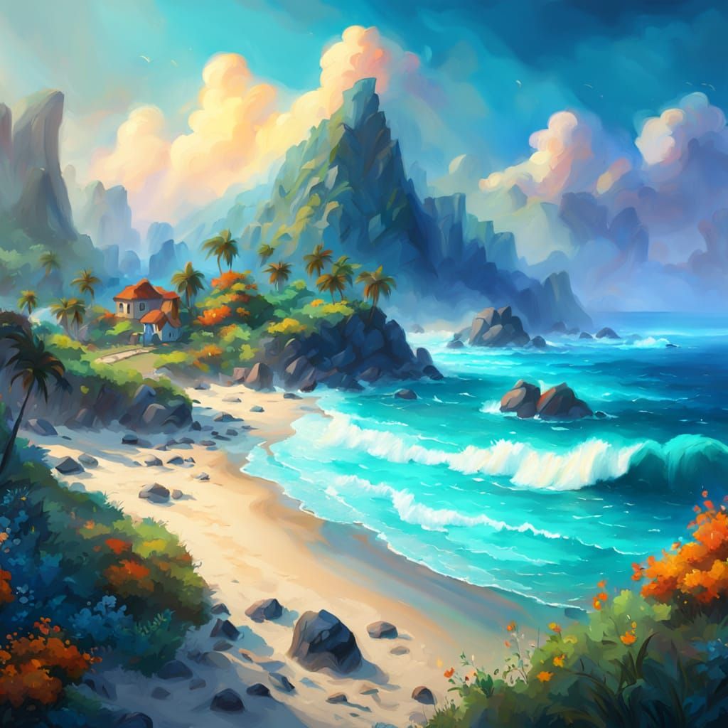 Summer Beach in Gouache Style With Ethereal Mist