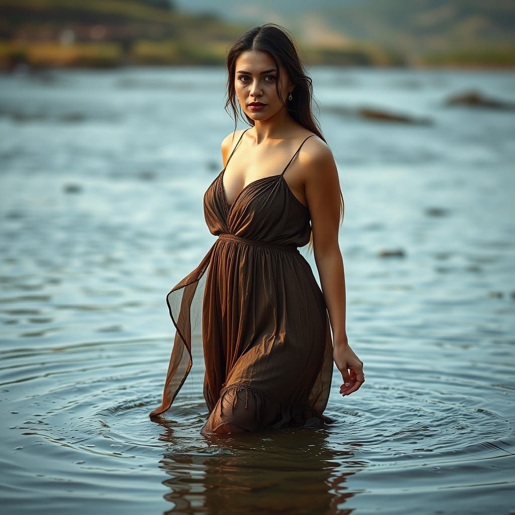 Azerbaijani Woman in River: Realistic Cinematic Portrait