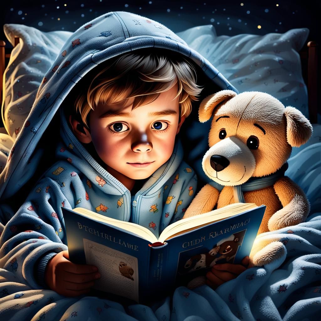 Child Reading at Night in Bed with Dog