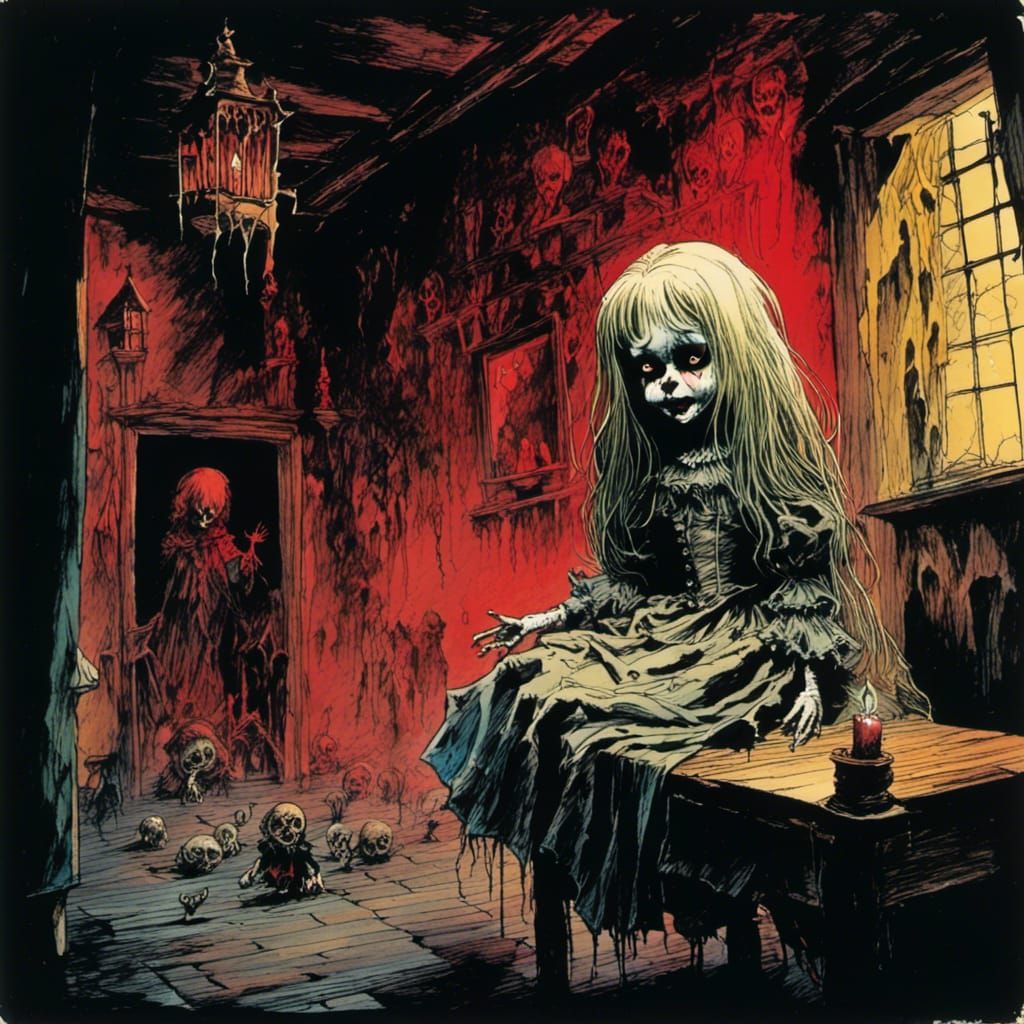 <lora:VersoComicAfterDark:1.0> a ghost doll spits in the bas...