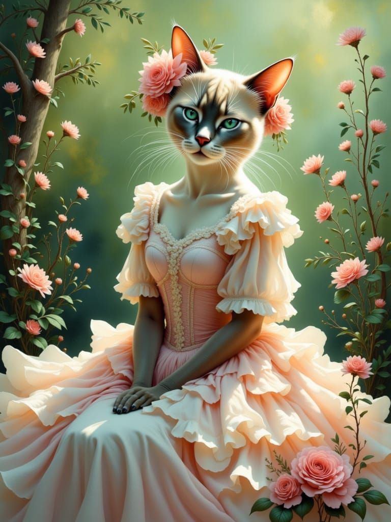Anthropomorphic Siamese Cat in Floral Garden