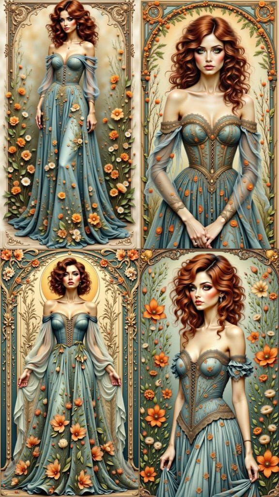 Art Nouveau Woman in Flowing Blue Floral Gown