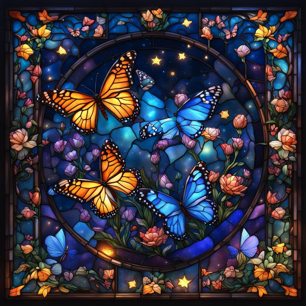 Stained Glass Flowers and Butterflies with Starry Sky