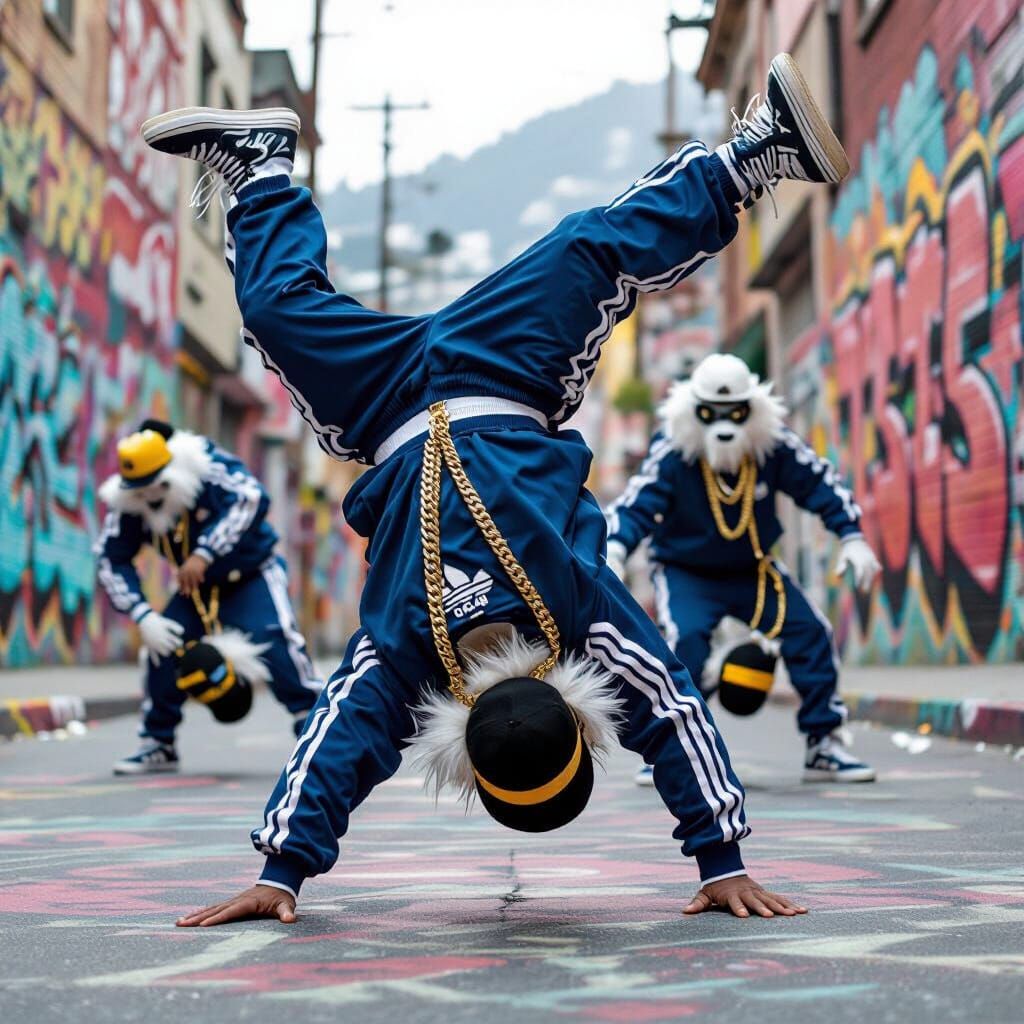 Breakdancing Yetis in a Graffiti Street Scene