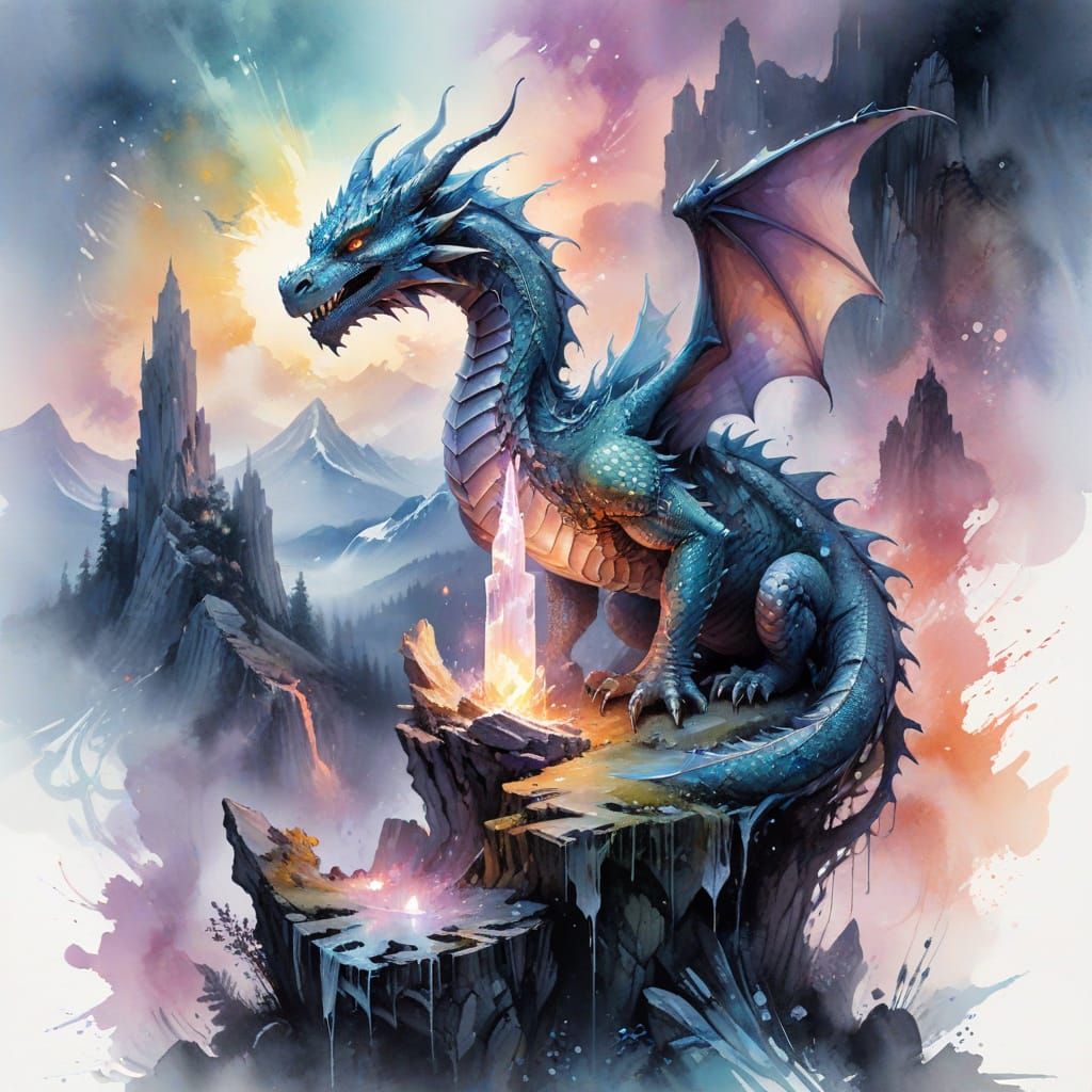 Dragon Protects Glowing Crystal Tower in Misty Valley